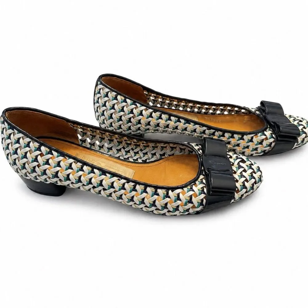 Salvatore Ferragamo Vara Bow Woven Leather Pumps Shoes Multicolor Size 8 B Italy